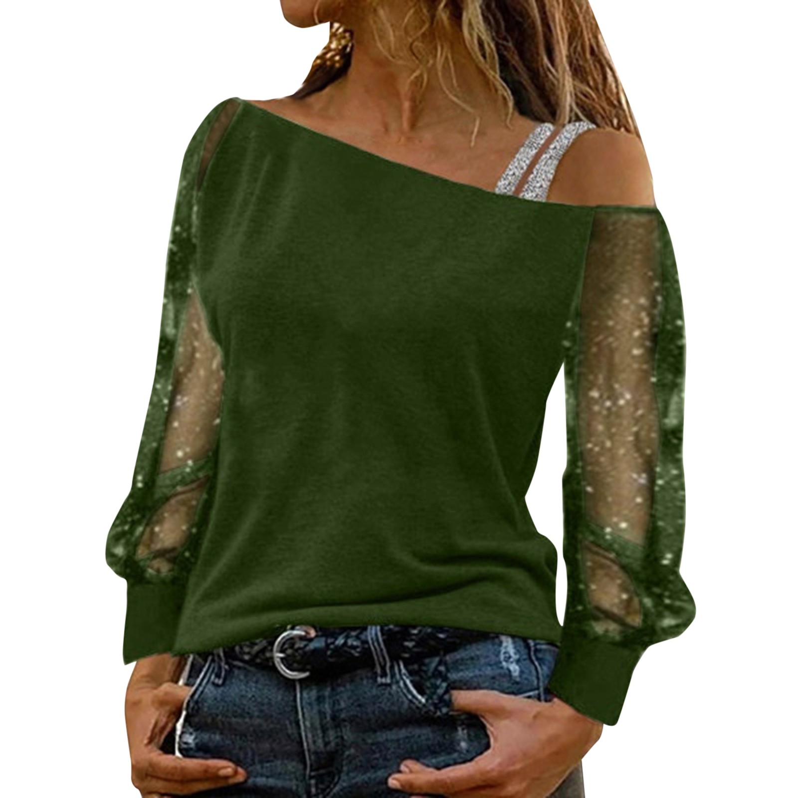 thumbnail image 5 of Top sexy de manga larga con hombros descubiertos para mujer - Diseño con lentejuelas y pedrería - Blusa informal para fiestas de otoño/invierno (S-XXL), 5 of 8